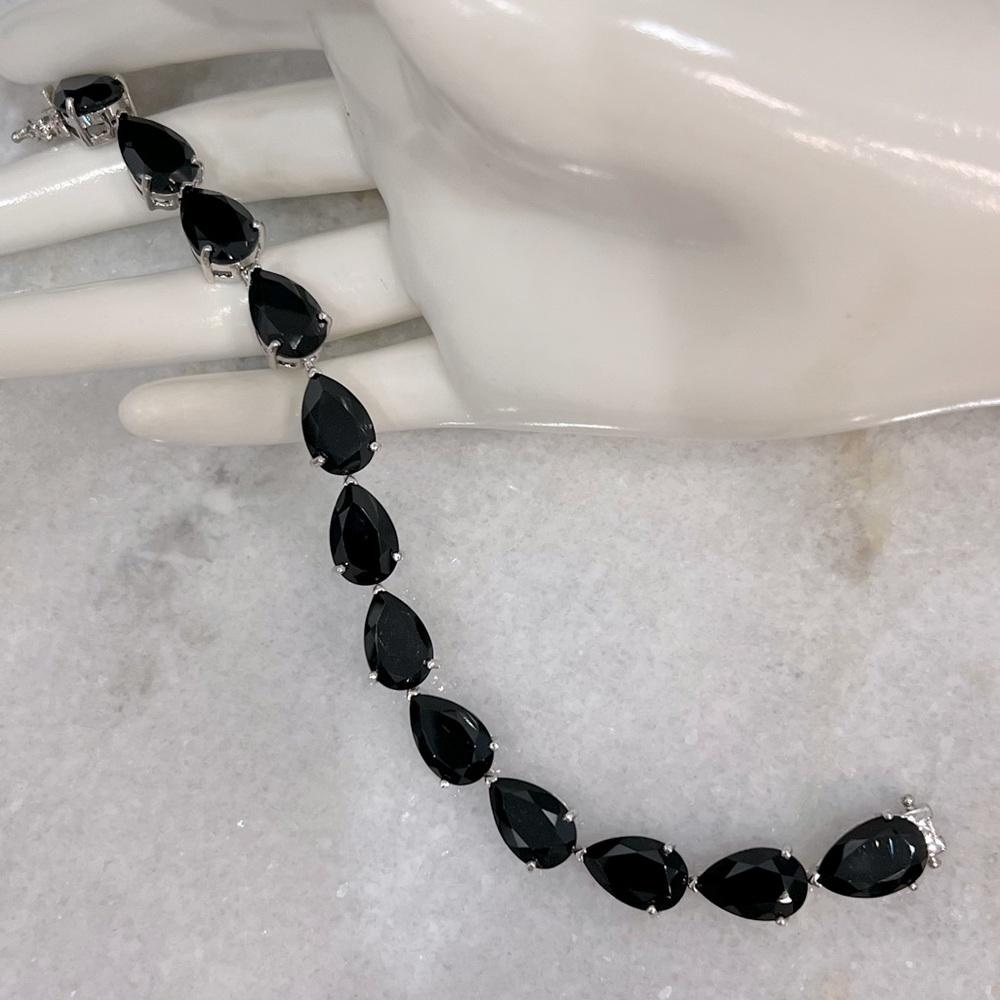 Thai Black Spinel Sterling Silver Teardrop Shaped Tennis Bracelet